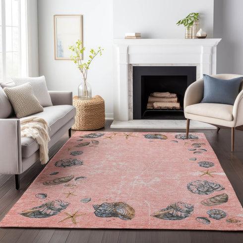 8' X 10' Peach Gray And Ivory Geometric Washable Area Rug With UV Protection