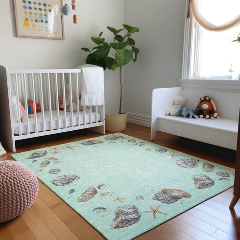 9' X 12' Green Light Blue And Beige Geometric Washable Area Rug With UV Protection