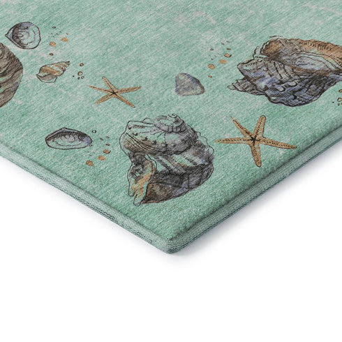 9' X 12' Green Light Blue And Beige Geometric Washable Area Rug With UV Protection