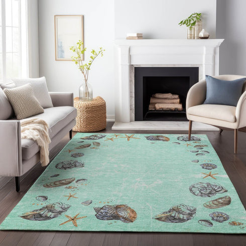 9' X 12' Green Light Blue And Beige Geometric Washable Area Rug With UV Protection