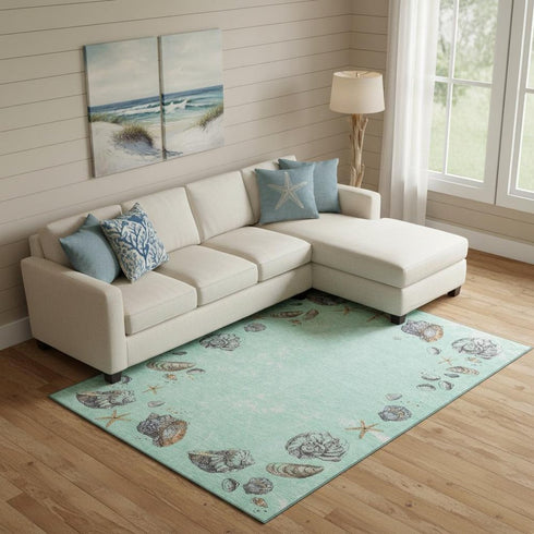 9' X 12' Green Light Blue And Beige Geometric Washable Area Rug With UV Protection