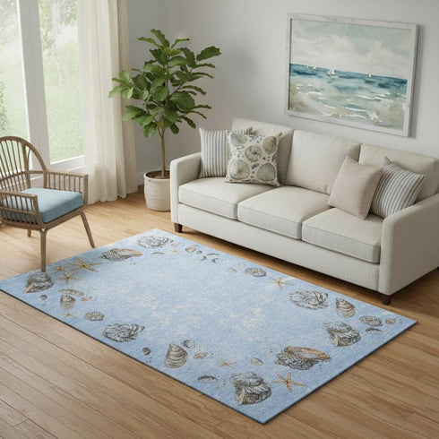 5' X 8' Blue Brown And Ivory Geometric Washable Area Rug With UV Protection
