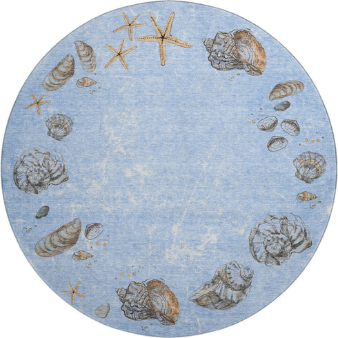 8' Blue Brown And Ivory Geometric Washable Round Rug With UV Protection