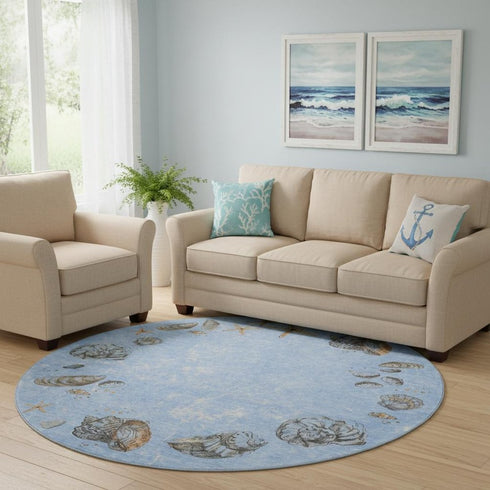 8' Blue Brown And Ivory Geometric Washable Round Rug With UV Protection