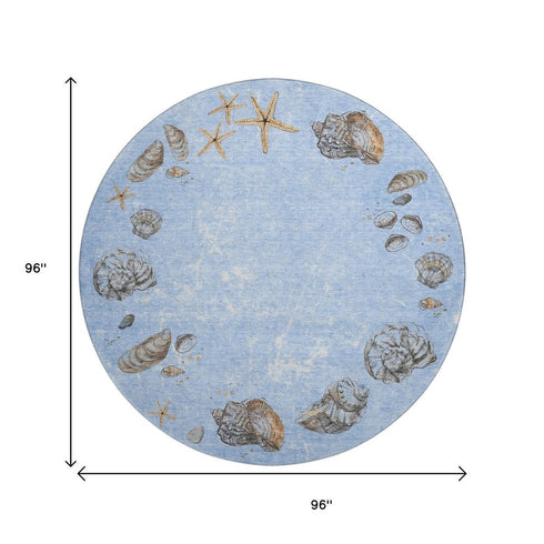 8' Blue Brown And Ivory Geometric Washable Round Rug With UV Protection
