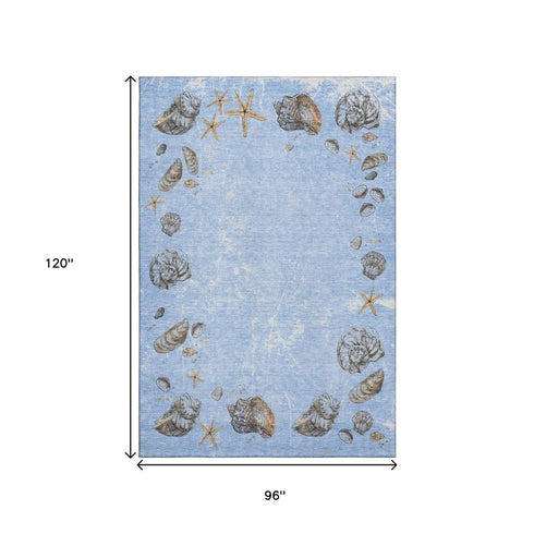 8' X 10' Blue Brown And Ivory Geometric Washable Area Rug With UV Protection