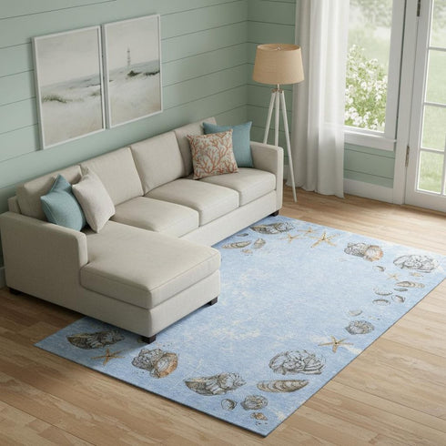 8' X 10' Blue Brown And Ivory Geometric Washable Area Rug With UV Protection