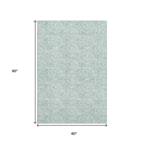 5' X 8' Green And Ivory Geometric Washable Area Rug With UV Protection