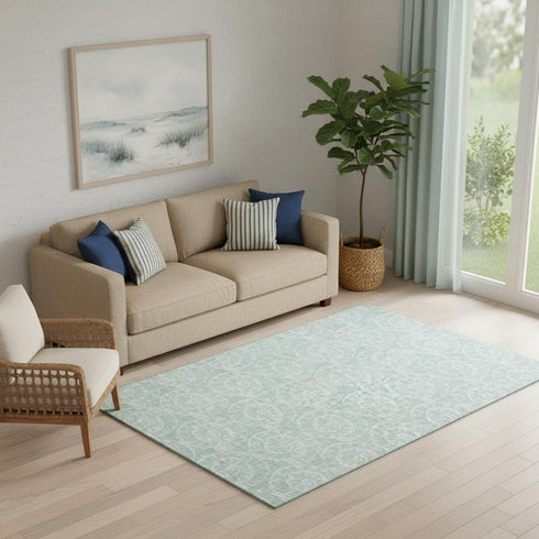 5' X 8' Green And Ivory Geometric Washable Area Rug With UV Protection