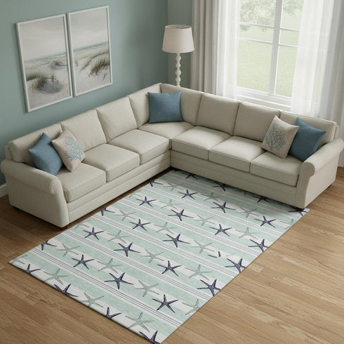 8' X 10' Aqua Navy Blue And Ivory Geometric Washable Area Rug With UV Protection