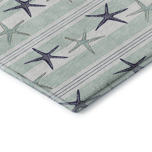 8' X 10' Aqua Navy Blue And Ivory Geometric Washable Area Rug With UV Protection