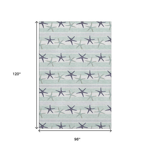 8' X 10' Aqua Navy Blue And Ivory Geometric Washable Area Rug With UV Protection