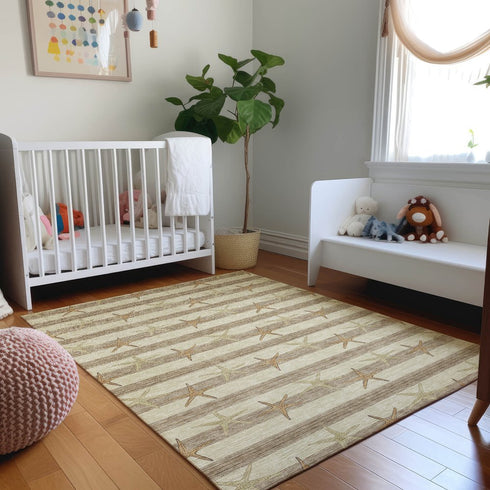 8' X 10' Tan Gold And Beige Geometric Washable Area Rug With UV Protection