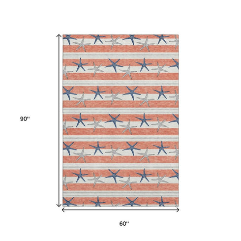 5' X 8' Coral Ivory And Navy Blue Geometric Washable Area Rug With UV Protection