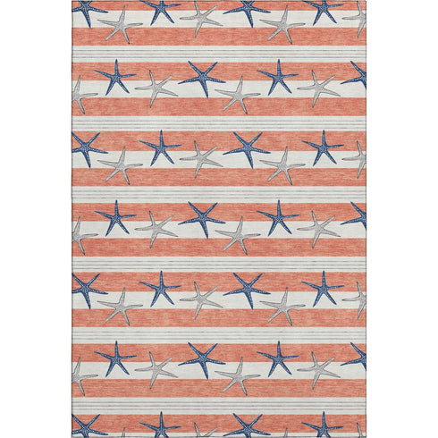 5' X 8' Coral Ivory And Navy Blue Geometric Washable Area Rug With UV Protection