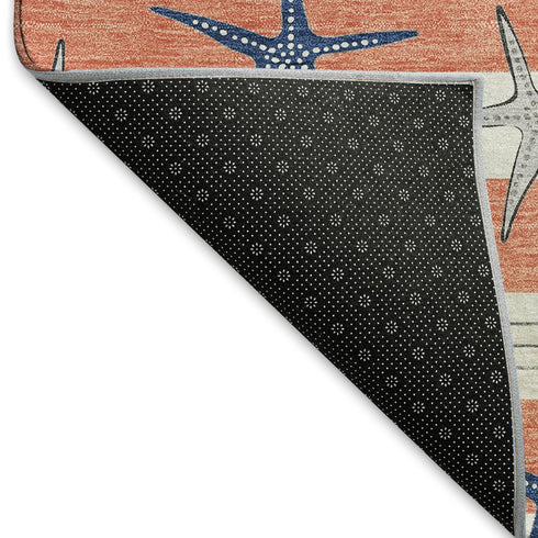 5' X 8' Coral Ivory And Navy Blue Geometric Washable Area Rug With UV Protection