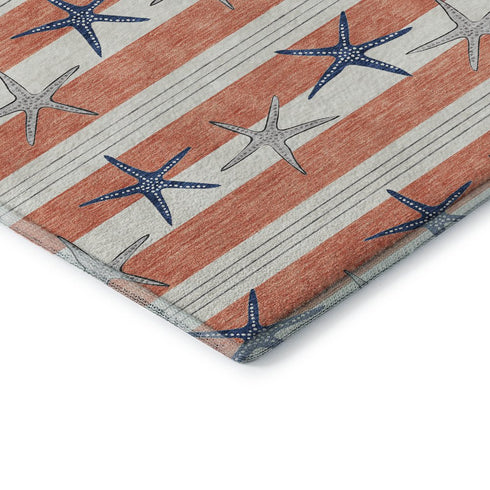 5' X 8' Coral Ivory And Navy Blue Geometric Washable Area Rug With UV Protection