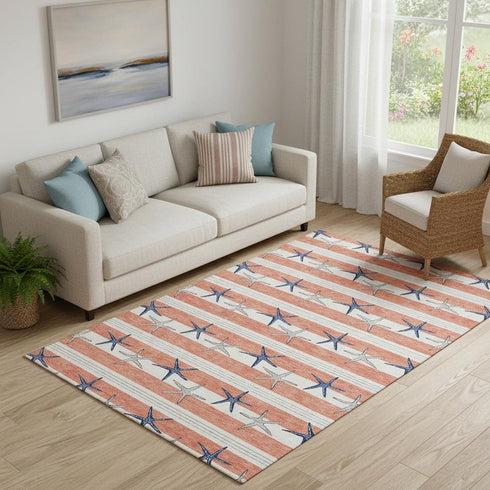 5' X 8' Coral Ivory And Navy Blue Geometric Washable Area Rug With UV Protection