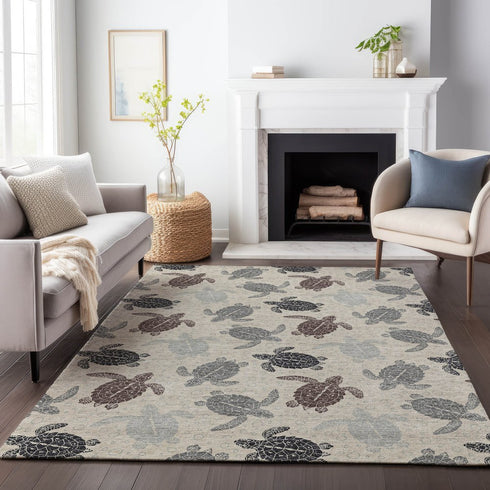 8' X 10' Sand Ivory And Gray Geometric Washable Area Rug With UV Protection