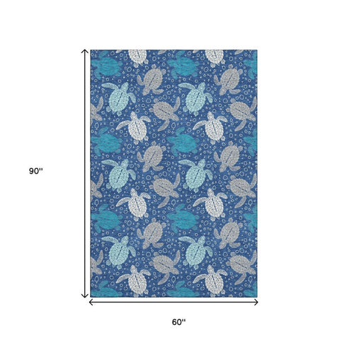 5' X 8' Blue Ivory And Gray Geometric Washable Area Rug With UV Protection