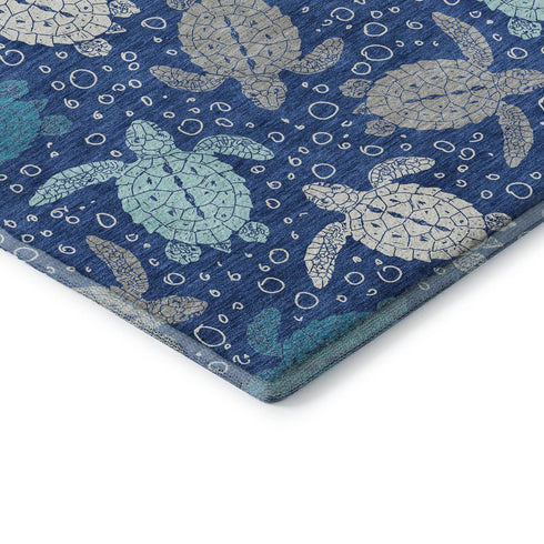 5' X 8' Blue Ivory And Gray Geometric Washable Area Rug With UV Protection