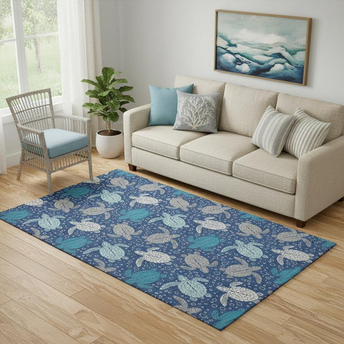 5' X 8' Blue Ivory And Gray Geometric Washable Area Rug With UV Protection