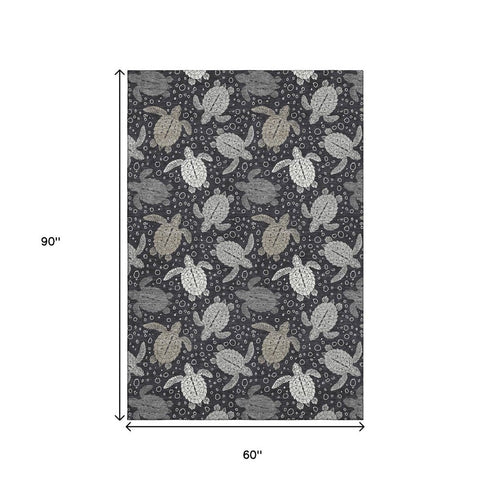 5' X 8' Midnight Ivory And Gray Geometric Washable Area Rug With UV Protection