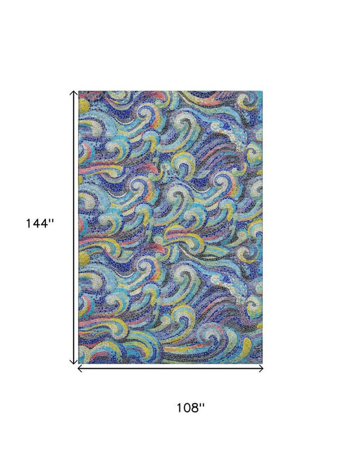9' X 12' Pacific Blue Ivory And Yellow Geometric Washable Area Rug With UV Protection
