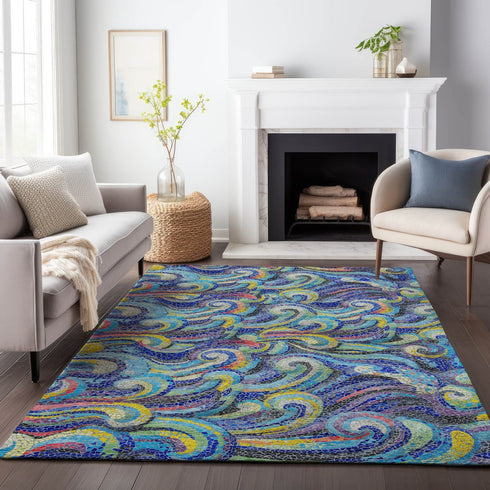 9' X 12' Pacific Blue Ivory And Yellow Geometric Washable Area Rug With UV Protection
