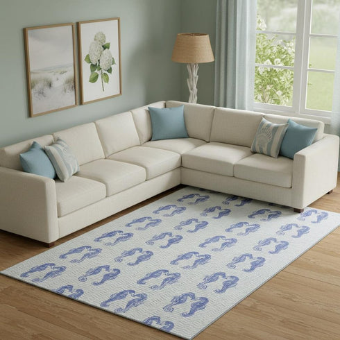 8' X 10' Blue And Ivory Geometric Washable Area Rug With UV Protection