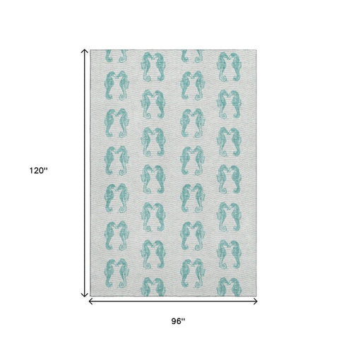 8' X 10' Aqua And Ivory Geometric Washable Area Rug With UV Protection
