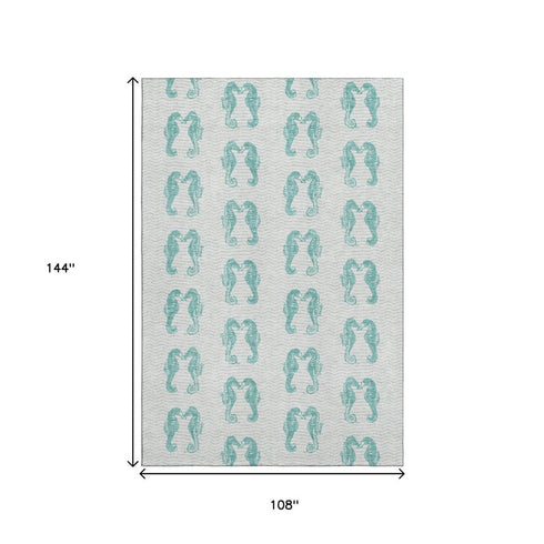 9' X 12' Aqua And Ivory Geometric Washable Area Rug With UV Protection