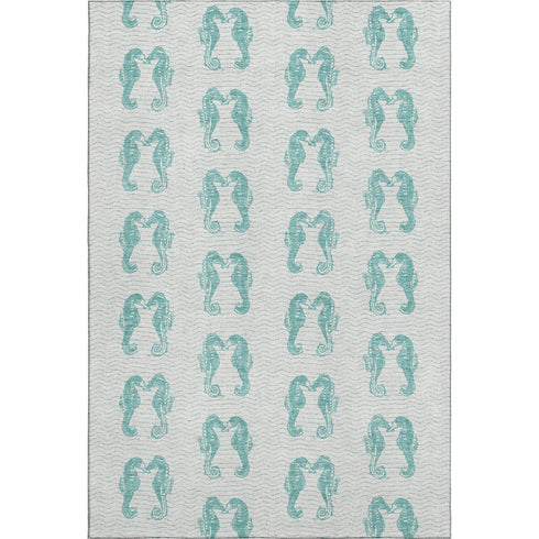 9' X 12' Aqua And Ivory Geometric Washable Area Rug With UV Protection
