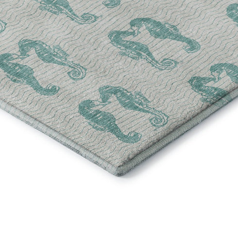 9' X 12' Aqua And Ivory Geometric Washable Area Rug With UV Protection