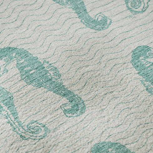 9' X 12' Aqua And Ivory Geometric Washable Area Rug With UV Protection