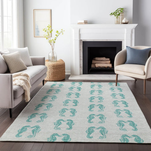 9' X 12' Aqua And Ivory Geometric Washable Area Rug With UV Protection