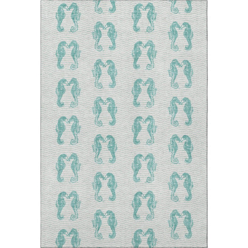 9' X 12' Aqua And Ivory Geometric Washable Area Rug With UV Protection
