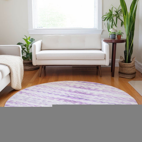 8' Purple And Ivory Geometric Washable Round Rug With UV Protection