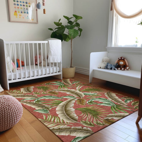 8' X 10' Cinnamon Green And Brown Geometric Washable Area Rug With UV Protection