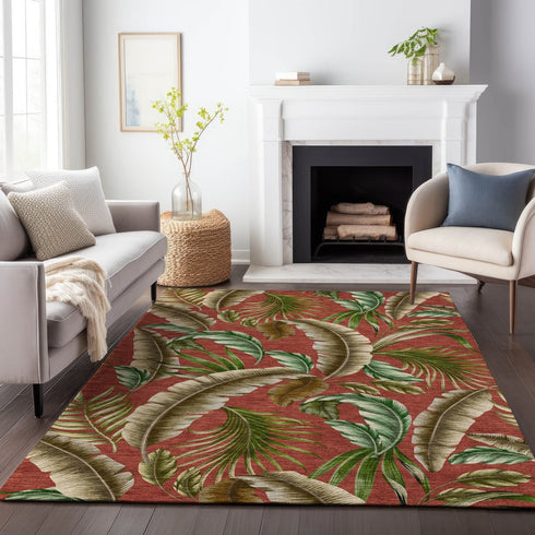 9' X 12' Cinnamon Green And Brown Geometric Washable Area Rug With UV Protection
