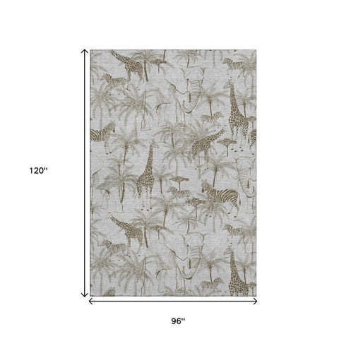 9' X 12' Light Gray And Brown Geometric Washable Area Rug With UV Protection