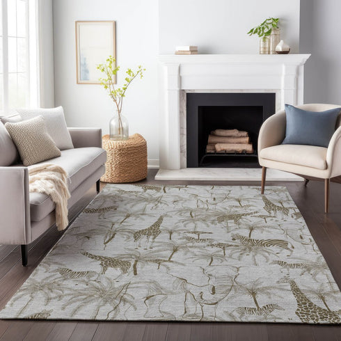9' X 12' Light Gray And Brown Geometric Washable Area Rug With UV Protection