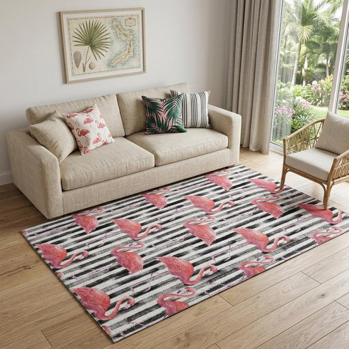 9' X 12' Pink Black And White Geometric Washable Area Rug With UV Protection