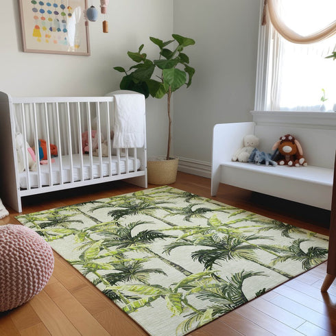 9' X 12' Green Ivory And Charcoal Geometric Washable Area Rug With UV Protection