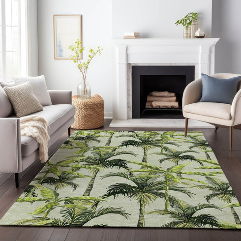 9' X 12' Green Ivory And Charcoal Geometric Washable Area Rug With UV Protection