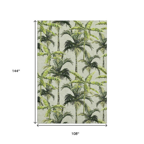 9' X 12' Green Ivory And Charcoal Geometric Washable Area Rug With UV Protection