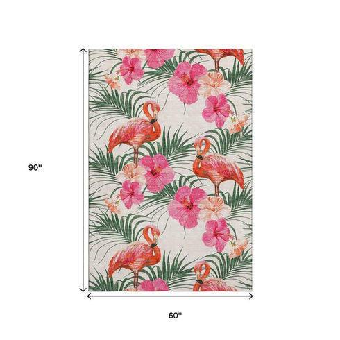 9' X 12' Pink Ivory And Green Geometric Washable Area Rug With UV Protection