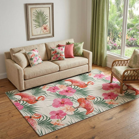 9' X 12' Pink Ivory And Green Geometric Washable Area Rug With UV Protection