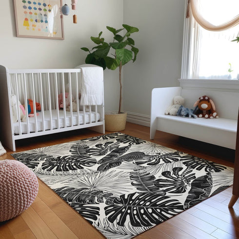9' X 12' Midnight And Ivory Geometric Washable Area Rug With UV Protection