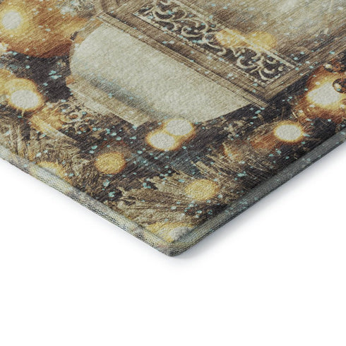 9' X 12' Blue Gold And Ivory Christmas Distressed Washable Area Rug With UV Protection